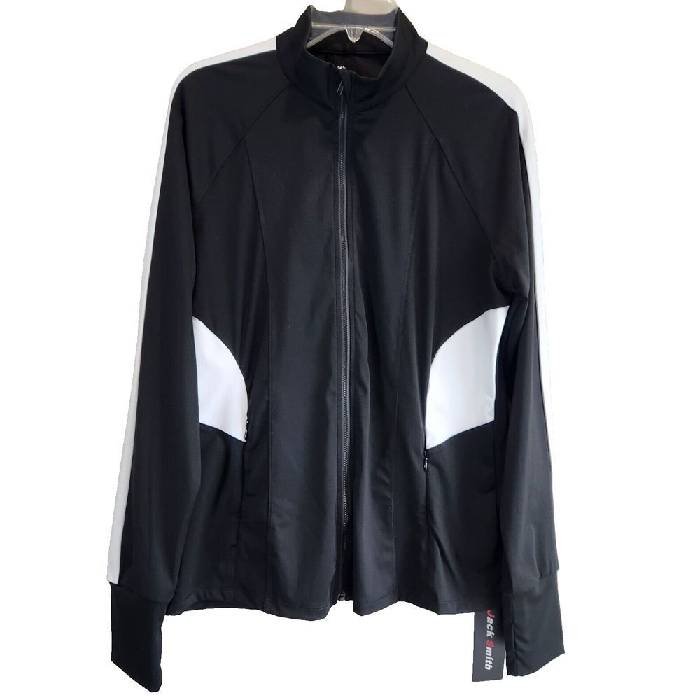Jack Smith Womens Full Zip Jacket Thumbholes‎ Black White size Large Stretch NEW